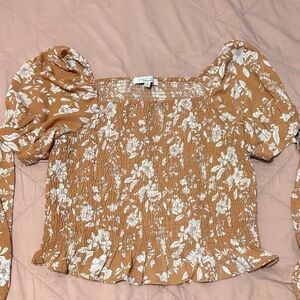 SHEIN Floral Smocked Blouse - Brown and White